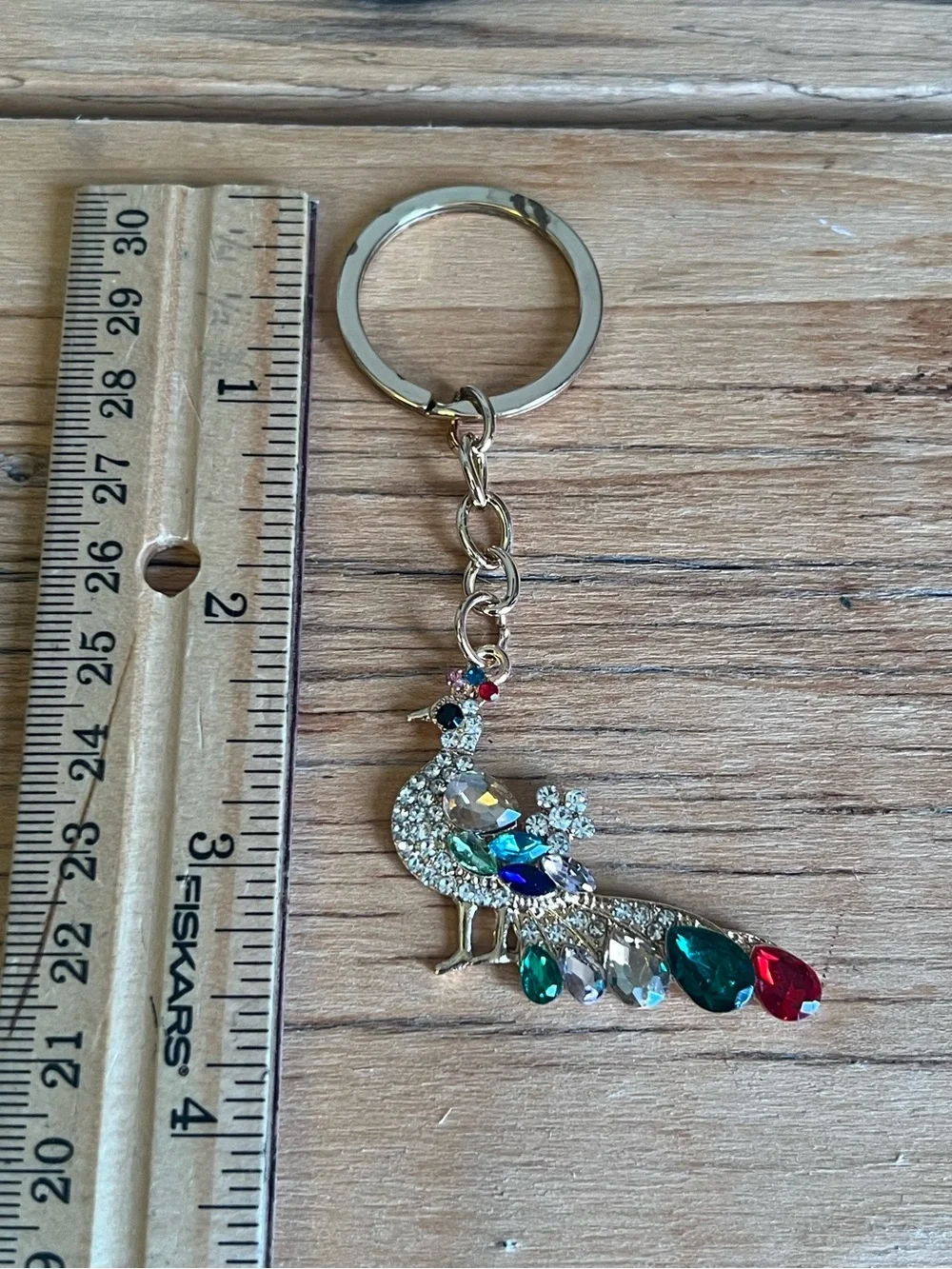 Peacock with Multi Colored Rhinestone Tail Keyring on Gold Hardware